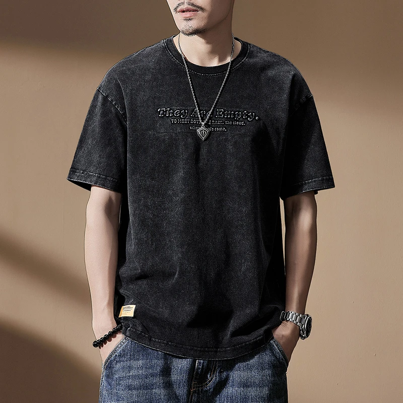 Cebrodz美式重磅复古水洗短袖T恤男士夏季休闲宽松潮字母压印半袖