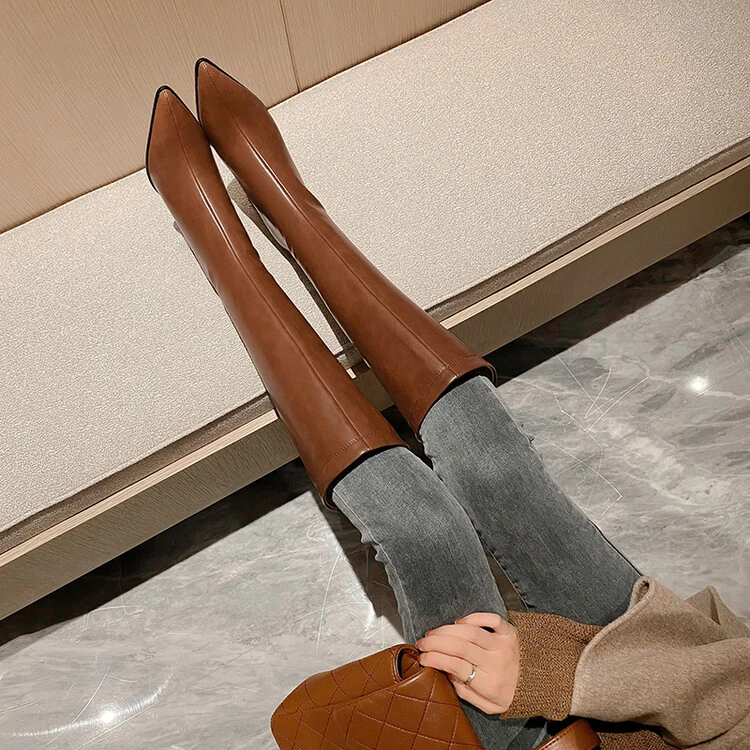 牛皮 跟7.5cm法式气质直筒真皮尖头长靴秋冬不过膝后拉链骑士靴