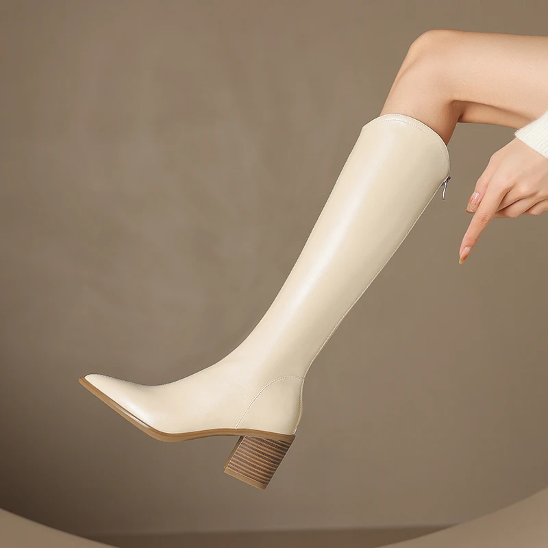 大筒围7CM尖头粗跟白色不过膝长靴冬季加绒骑士靴V口显瘦高筒靴