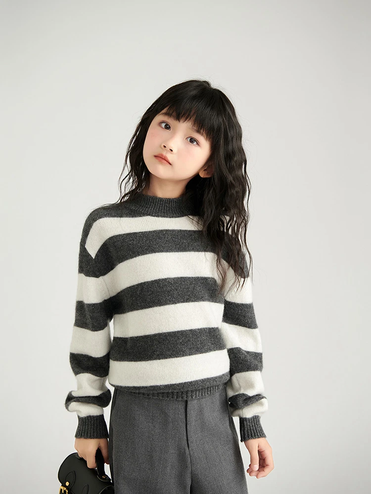 【华绣甄选】100%羊毛衫宽条纹儿童秋冬半高领男女童加厚