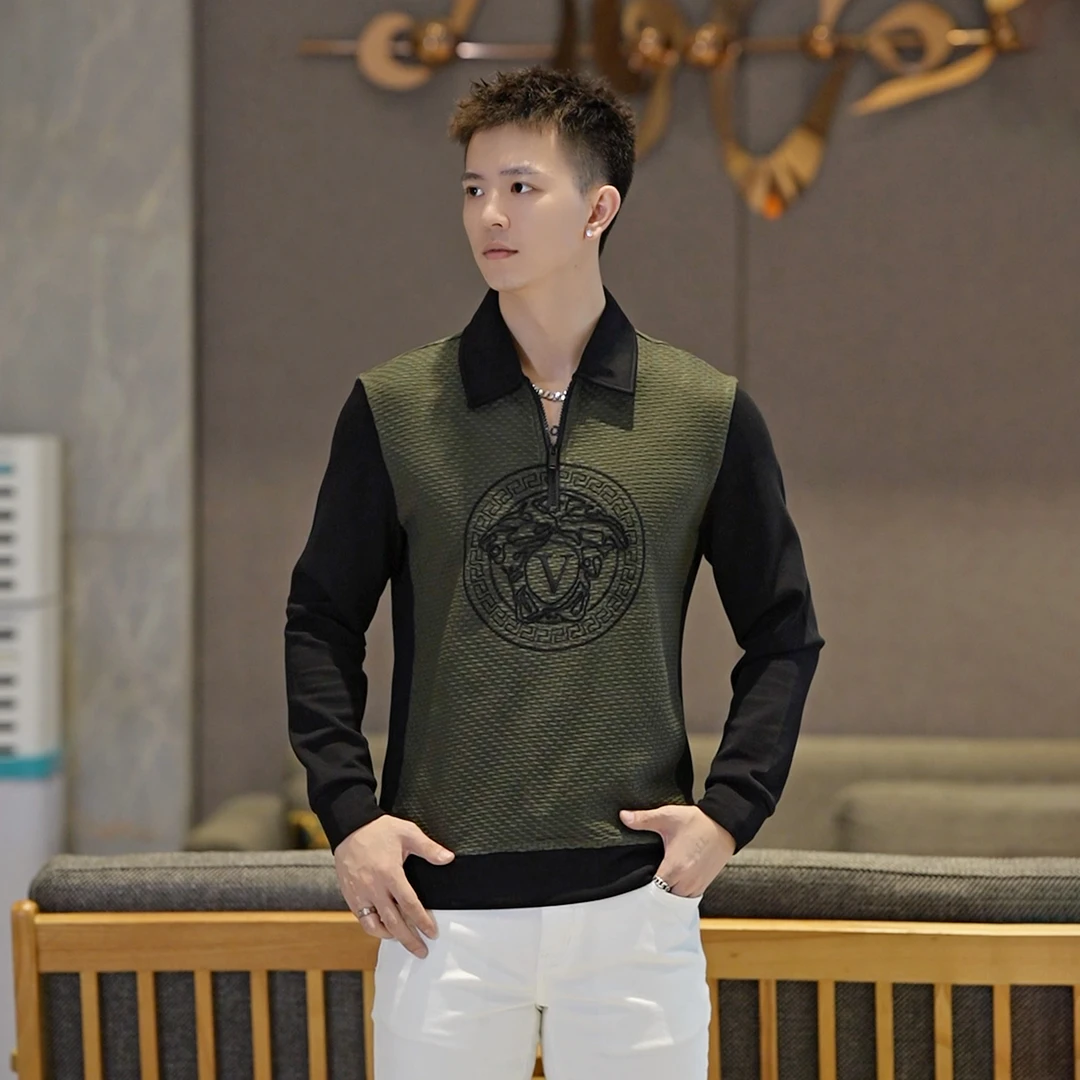 【莫斯吉尔】修身时尚翻领潮流针织奢雅男士polo衫长袖秋季拼色