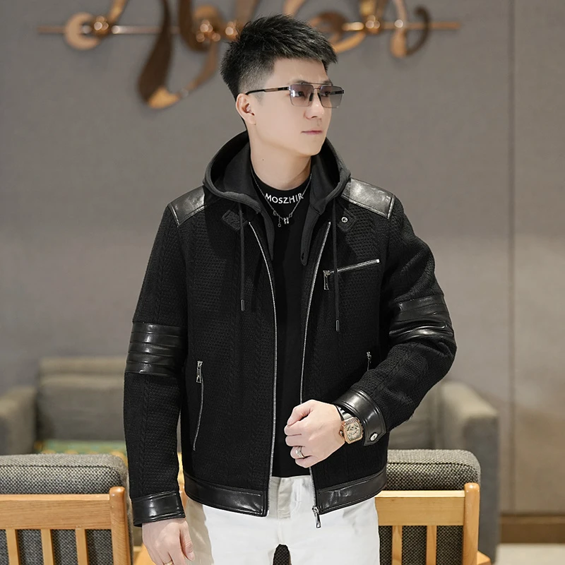 【莫斯吉尔】 冬季潮牌休闲拼皮针织棉服男士潮流短款连帽保暖外套