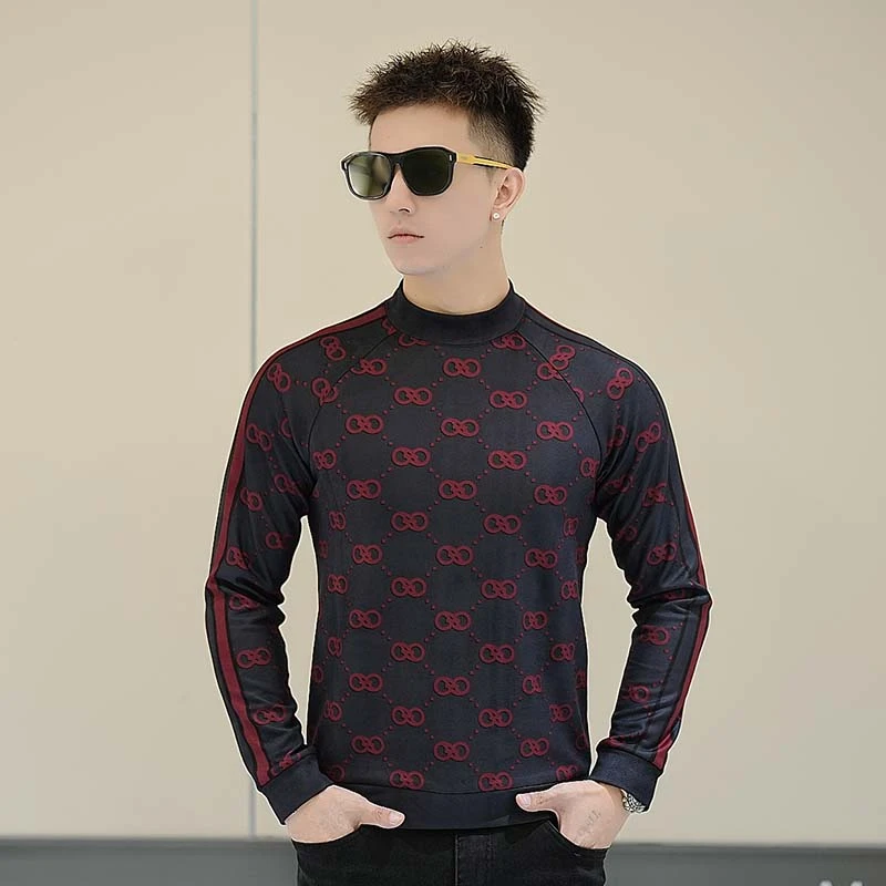 【清福利】秋季时尚潮流休闲满印套头打底衫男士修身保暖长袖上衣