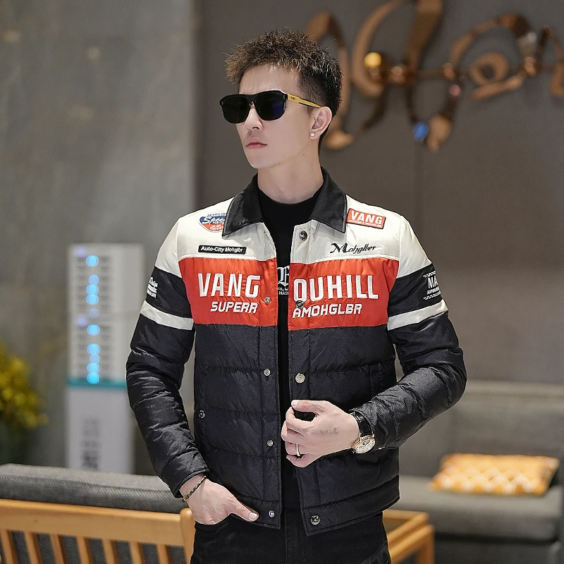 【莫斯吉尔】冬季潮牌撞色羽绒服男士时尚修身机车设计款白鸭绒外套