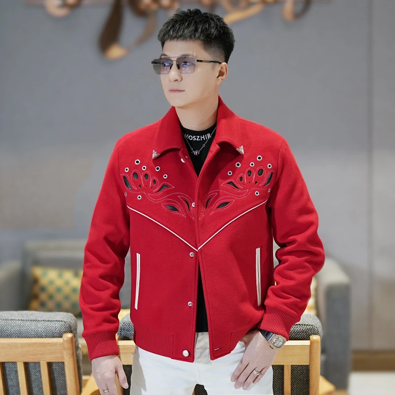 【莫斯吉尔】冬季轻奢时尚拼皮镂空羽绒服男士休闲百搭翻领修身外套