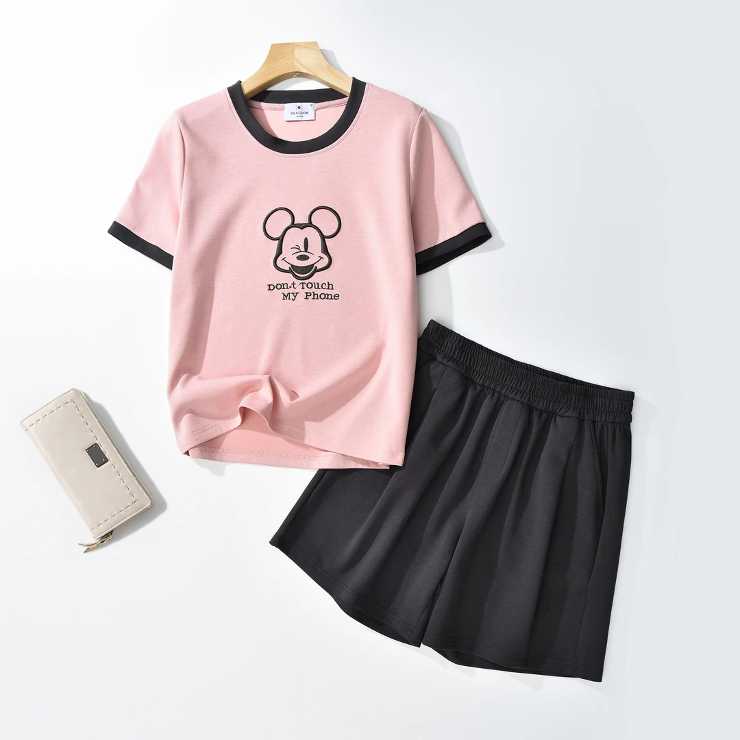 【一品甄选】夏季刺绣米奇圆领+短裤套装      运动宽松休闲薄款