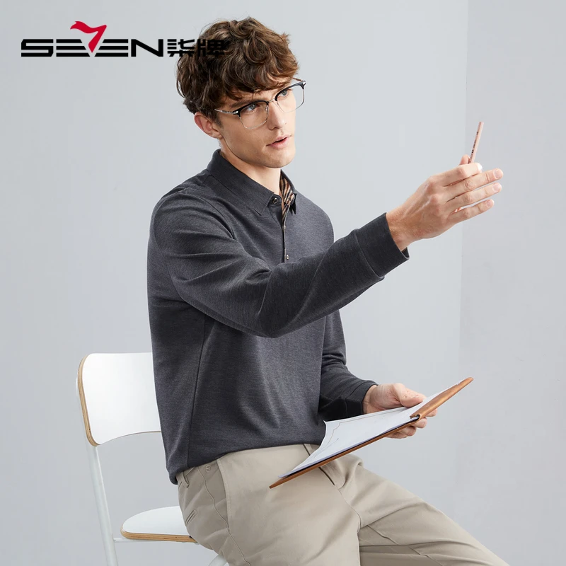 【含羊毛】柒牌男士翻领格子高弹商务休闲时尚长袖polo衫125T70170