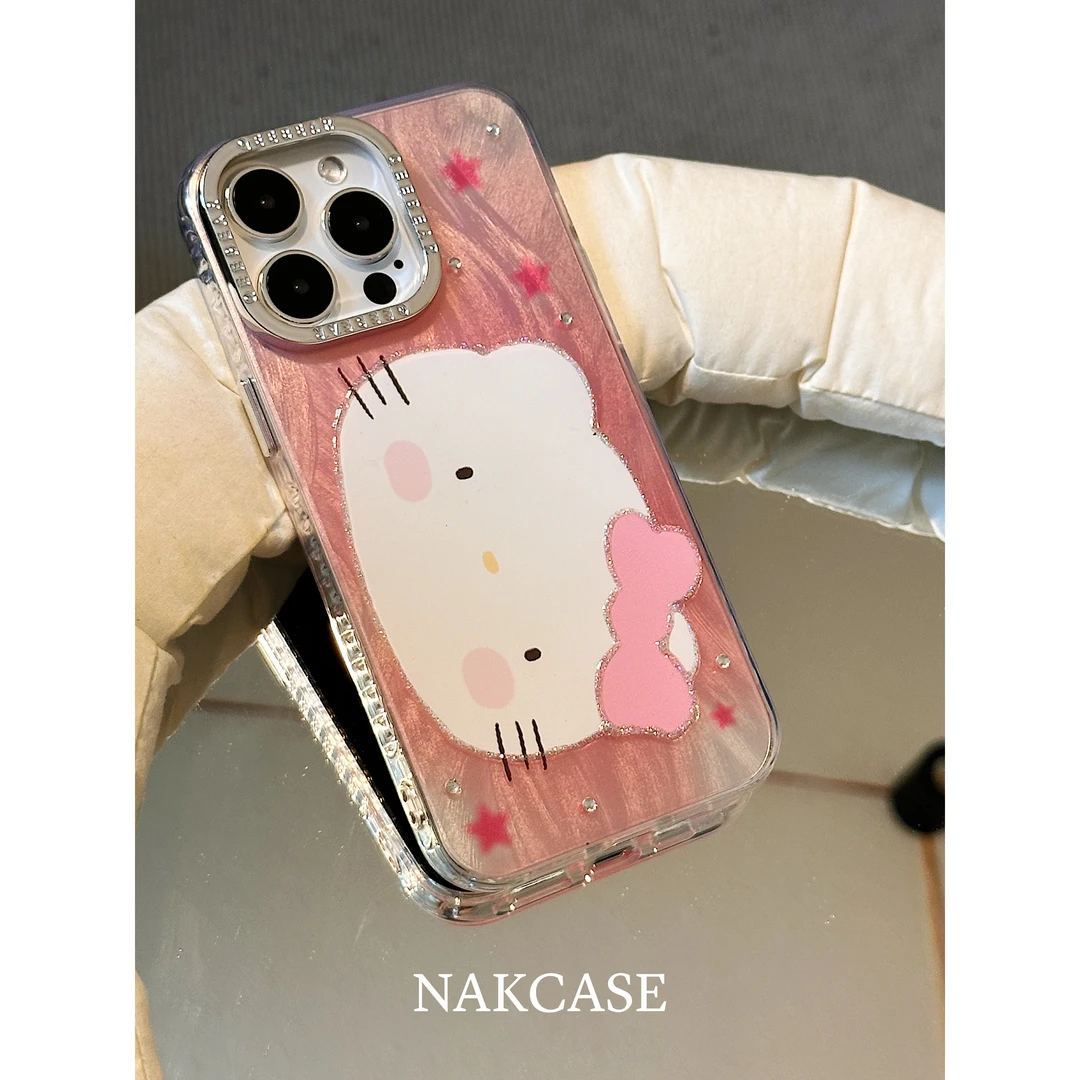 卡通可爱粉底大脸KT滴胶羽纱壳适用苹果15promax/14/13/12手机壳