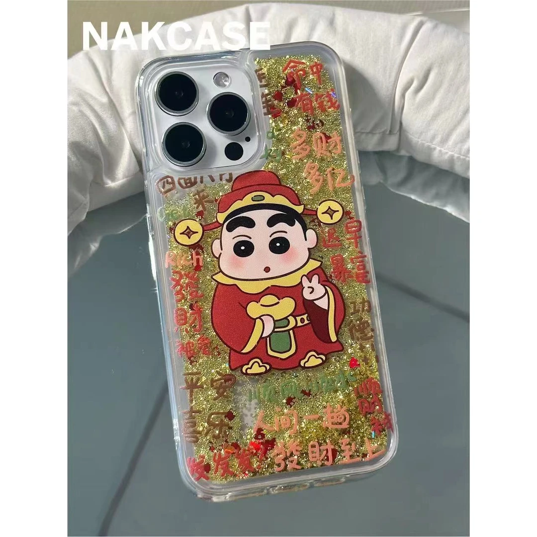 国风龙年财神爷小新流沙壳适用于苹果15pro/14/13/12全包手机壳