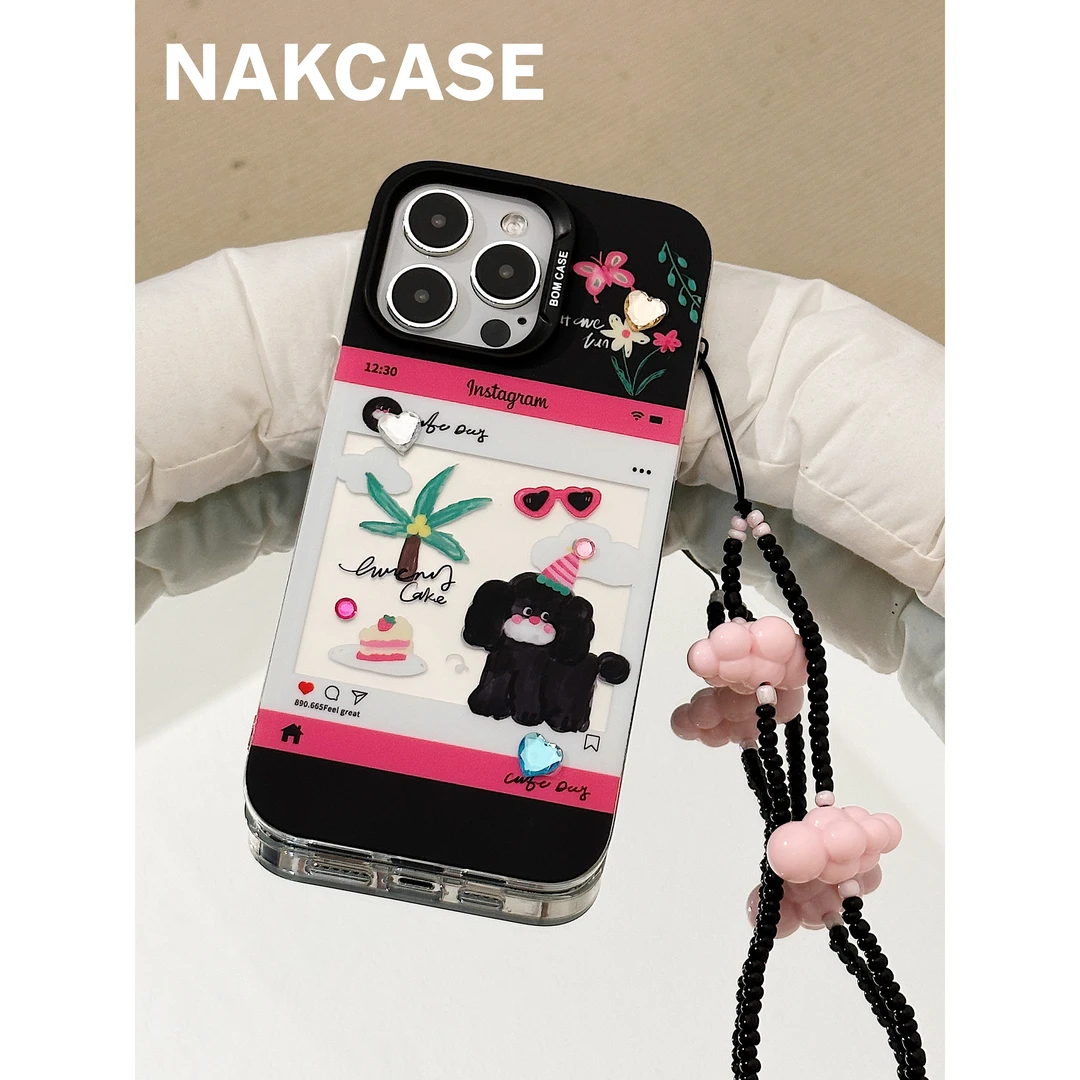 ins韩风可爱涂鸦小黑狗双层壳适用苹果14promax/iPhone13手机壳