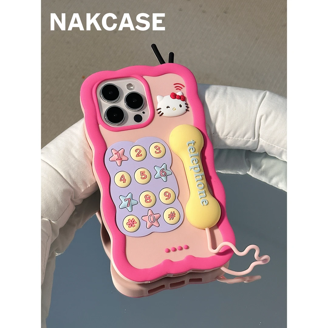 卡通可爱电话机KT猫立体硅胶适用苹果14promax/iPhone13/12手机壳