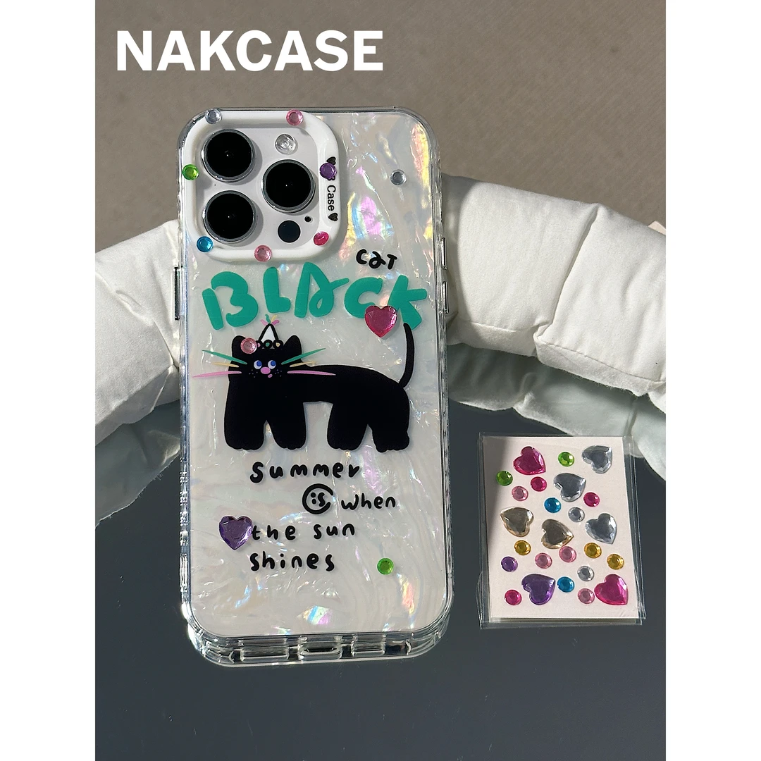 ins小众英文小黑猫贝壳纹双层壳苹果14promax/iPhone13/12手机壳