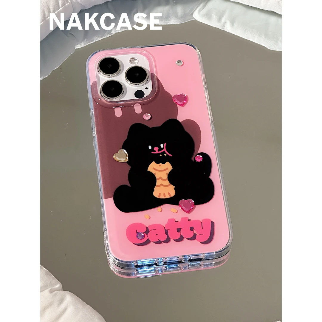 ins卡通可爱鲷鱼烧小黑猫双层苹果14promax/iPhone13/12pro手机壳