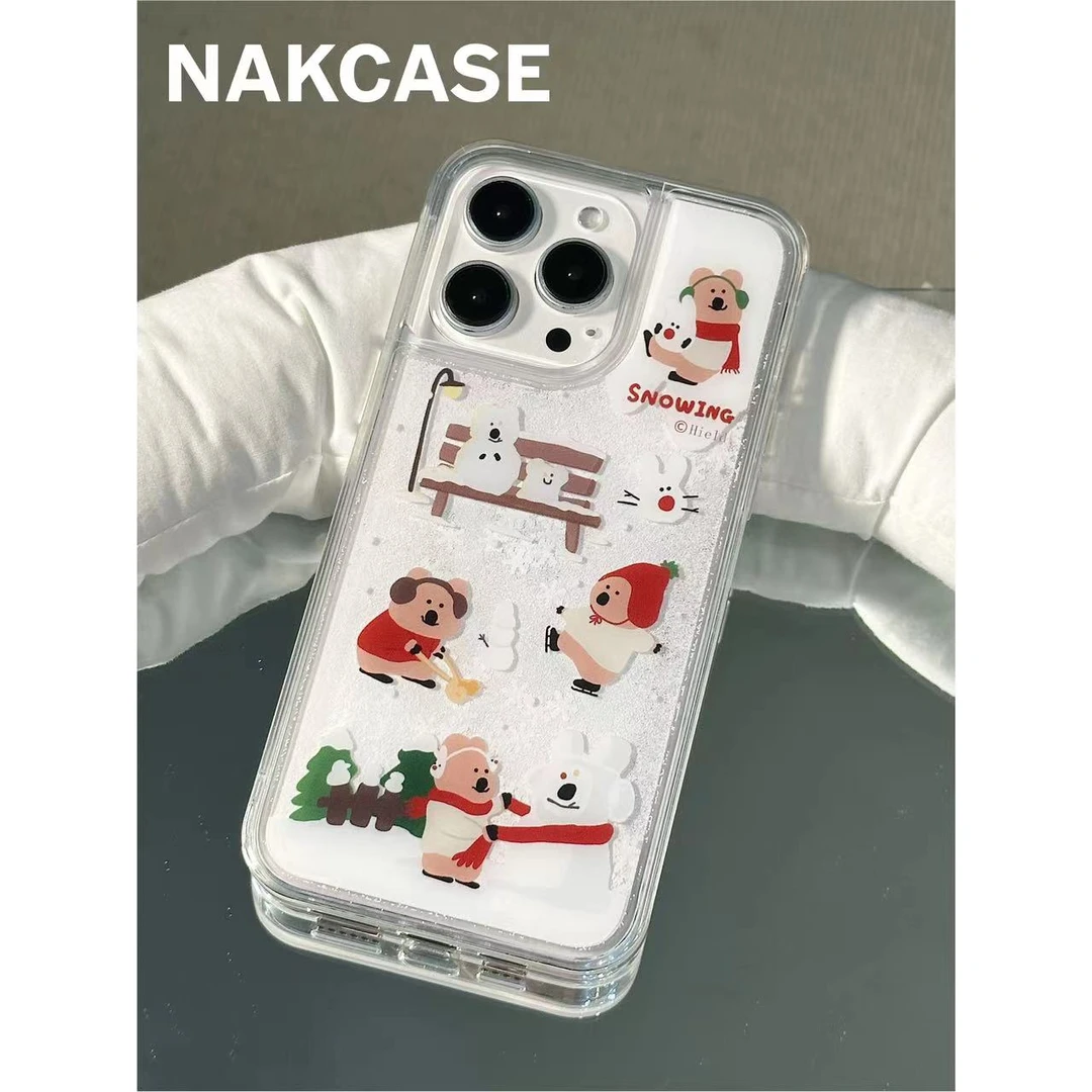 ins卡通可爱堆雪人卡皮巴拉流沙壳适用苹果15/14/13/12手机壳