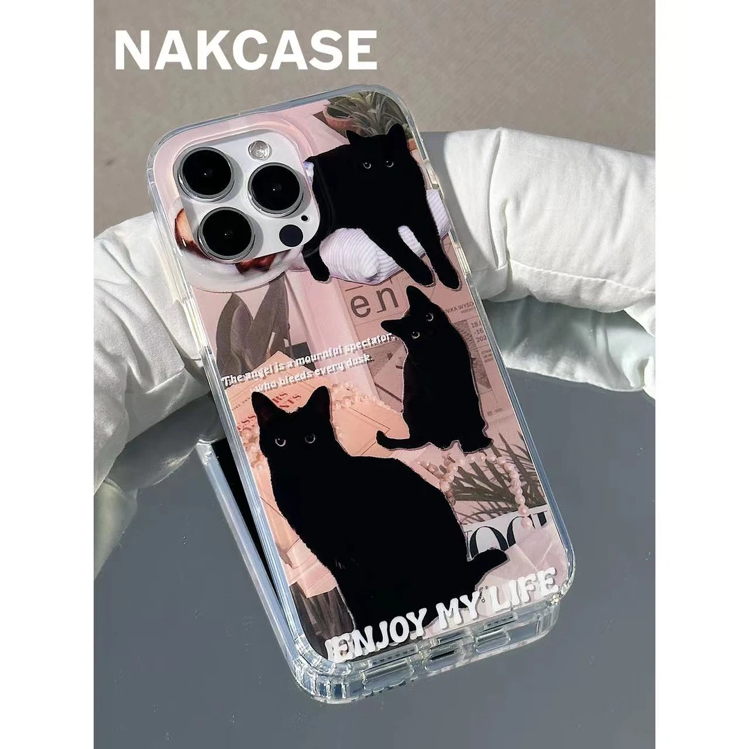 ins小众高级棕底黑猫双层适用苹果14promax/iPhone13/12pro手机壳