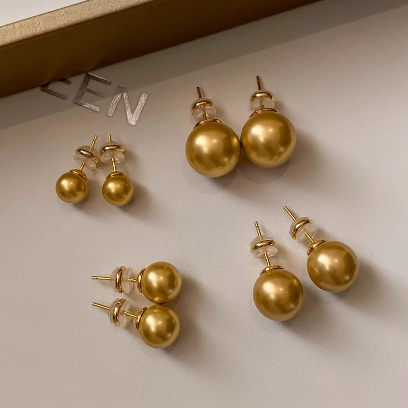 925银仿珍珠耳饰 南洋茶金色耳钉女轻奢高级感气质耳环耳饰港风女