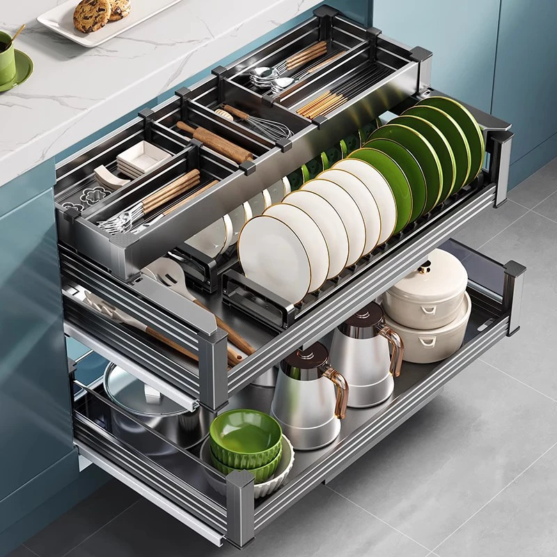 尔沫枪灰拉篮厨房橱柜304不锈钢三层抽中抽调味料碗碟架收纳碗篮