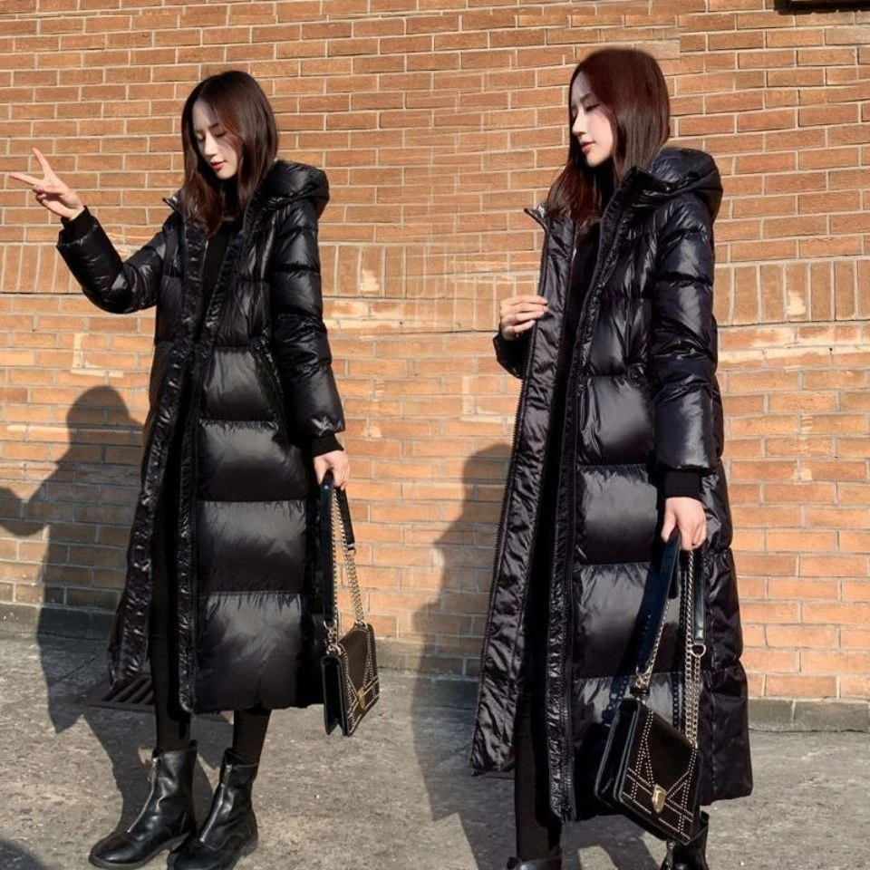 波司澄2023新款黑色羽绒服韩版长款亮面羽绒衣女加厚修身羽绒袄in