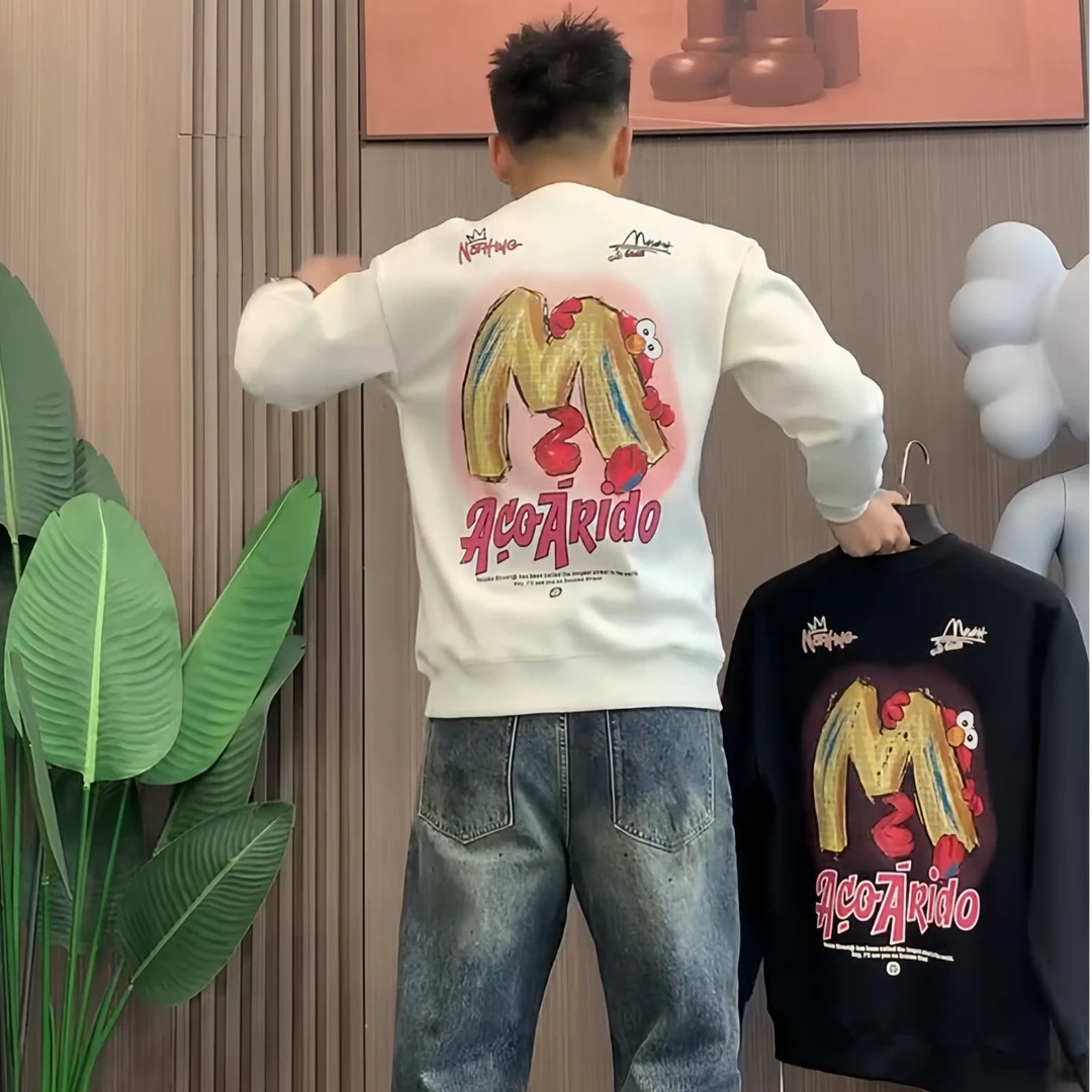 欧货新款男士卫衣时尚品质加绒套头外衣秋冬潮款创意印花情侣长袖