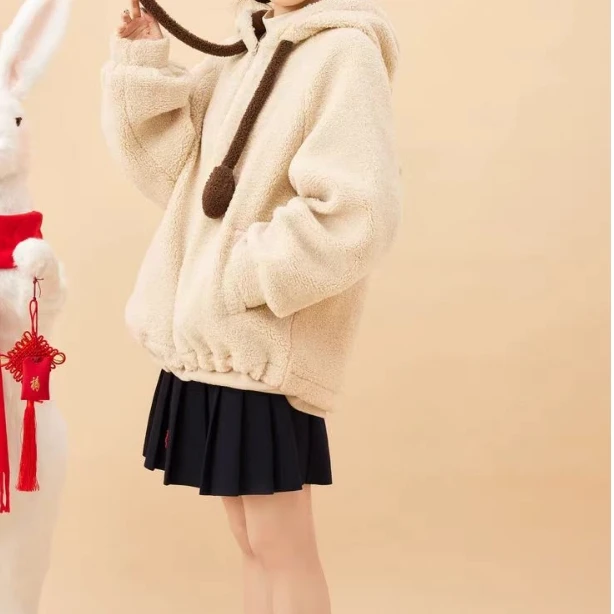 536软糯毛绒外套2023秋冬新款学院风兔耳朵连帽外套