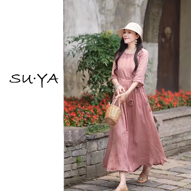 『玫瑰』5282优雅立体玫瑰花100苎麻连衣裙双层气质显瘦长裙