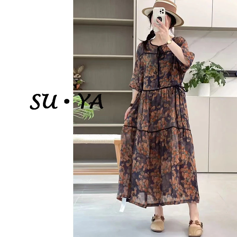 『海风』3091纯苎麻连衣裙炒色印花复古时尚蛋糕裙藏肉显瘦碎花收腰
