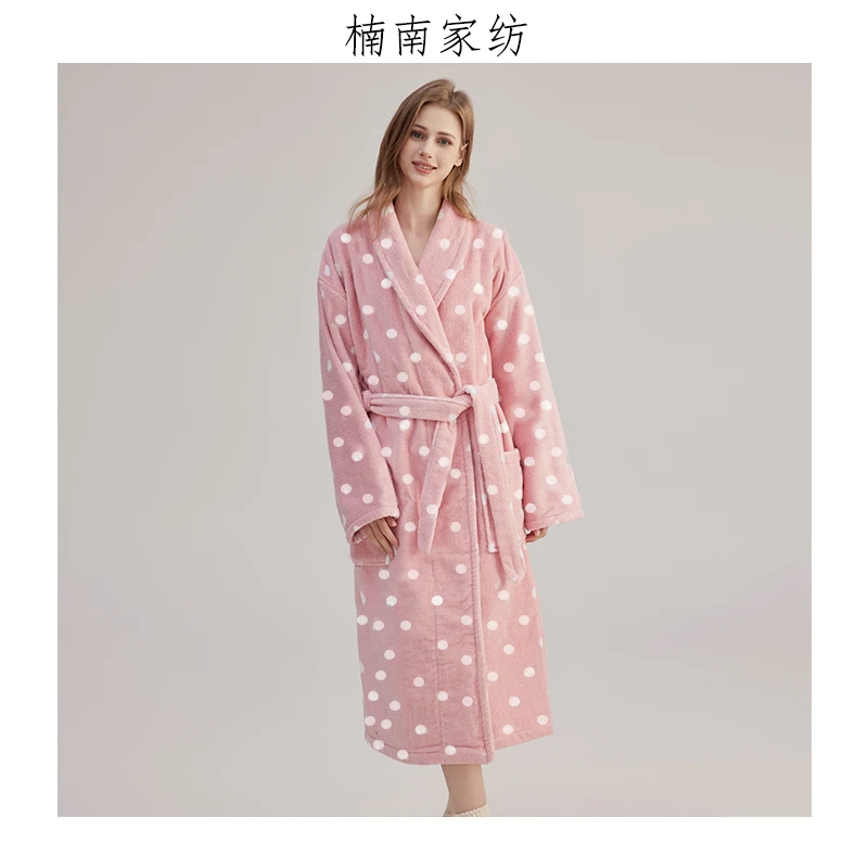 粉色波点全棉割绒秋冬2024新款浴袍