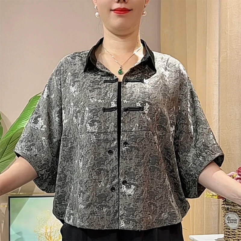 妈妈装夏装洋气衬衫短款中老年女装夏季时尚翻领宽松蝙蝠袖衬衣