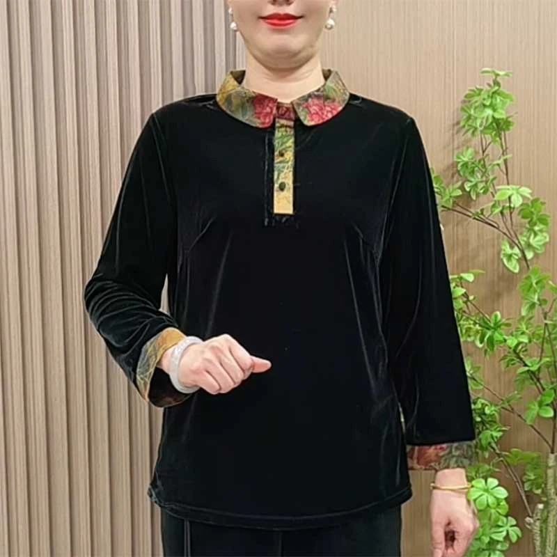 妈妈秋装洋气翻领衬衫2024新款中老年女装秋季大码宽松丝绒打底衫