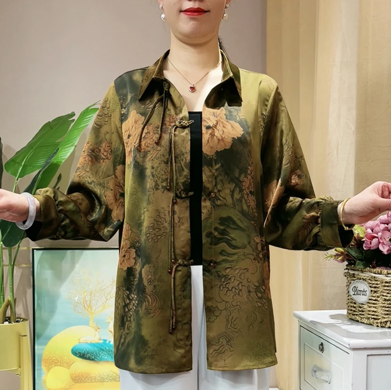 妈妈春装九分袖开衫薄外套中老年女装夏季大码宽松时尚衬衫中长款