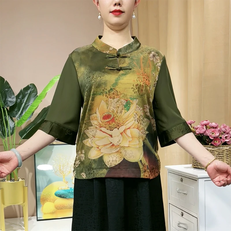 2023新款妈妈装上衣春夏薄款中老年服装复古盘扣定位花女士小衫
