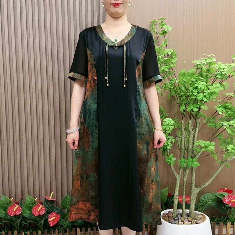 中老年女装夏季洋气连衣裙中长款妈妈装夏装国风大码宽松V领裙子