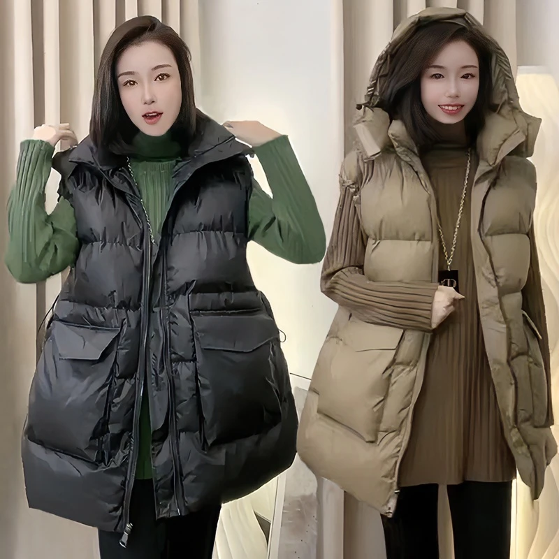 韩版百搭连帽马甲女坎肩2023冬宽松外穿中长款无袖棉服马夹上衣