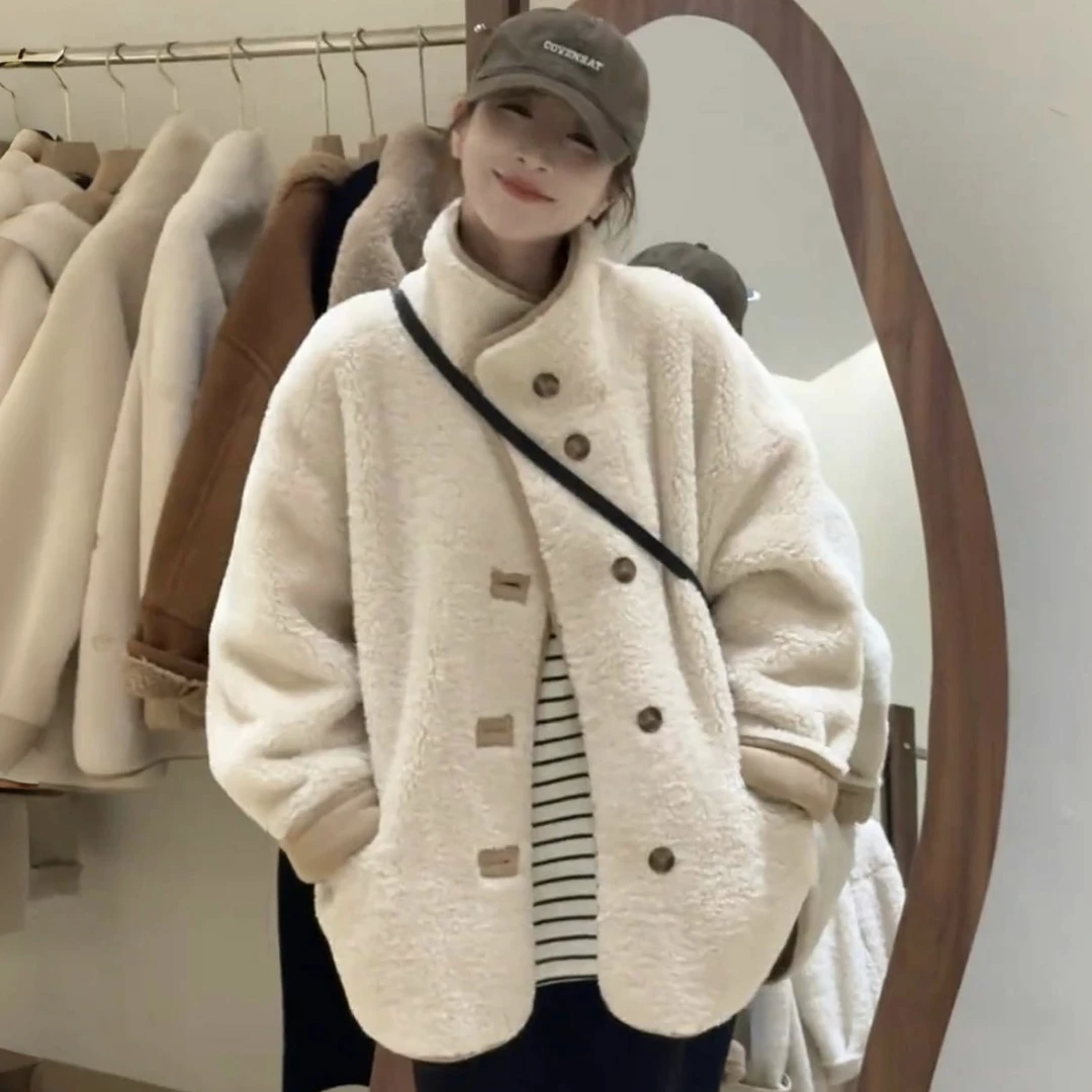 韩系小众设计中长款立领毛绒外套2025年秋冬新款高级感保暖上衣女