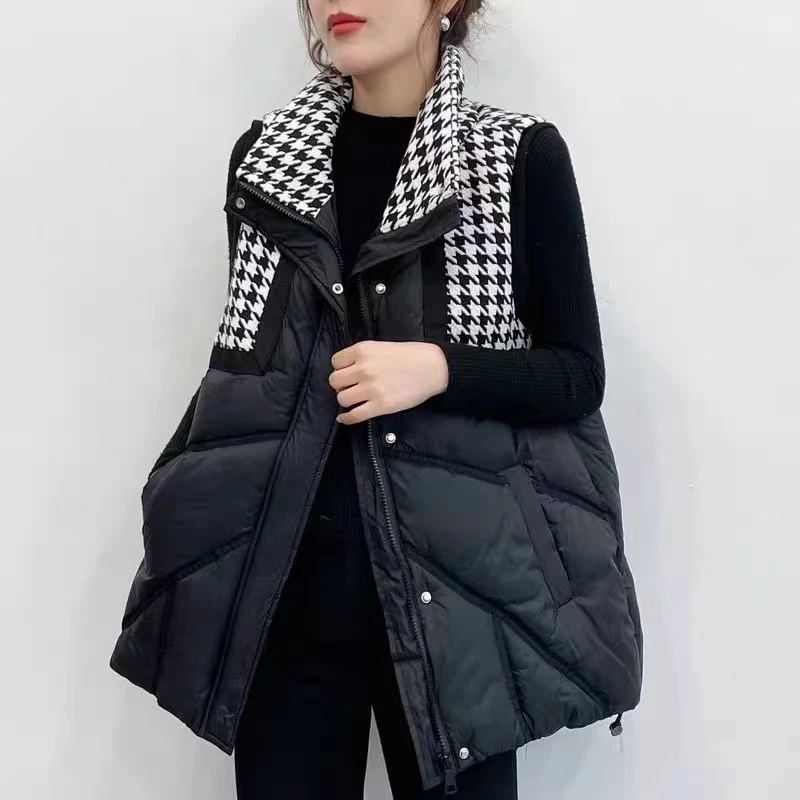 千鸟格拼接棉马甲女2024秋冬新款韩版小香风坎肩背心上衣外套欧货