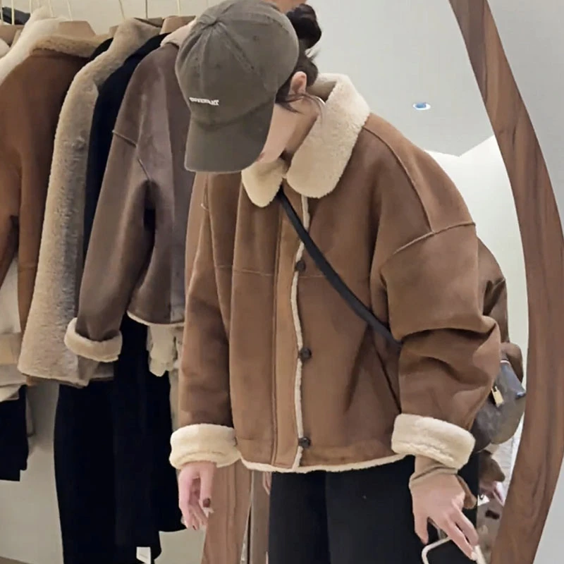 美式洋气加厚保暖毛毛翻领短外套2025秋冬新款棕色休闲百搭上衣女