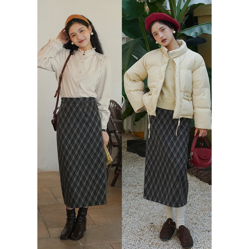 格纹加绒半身裙8467