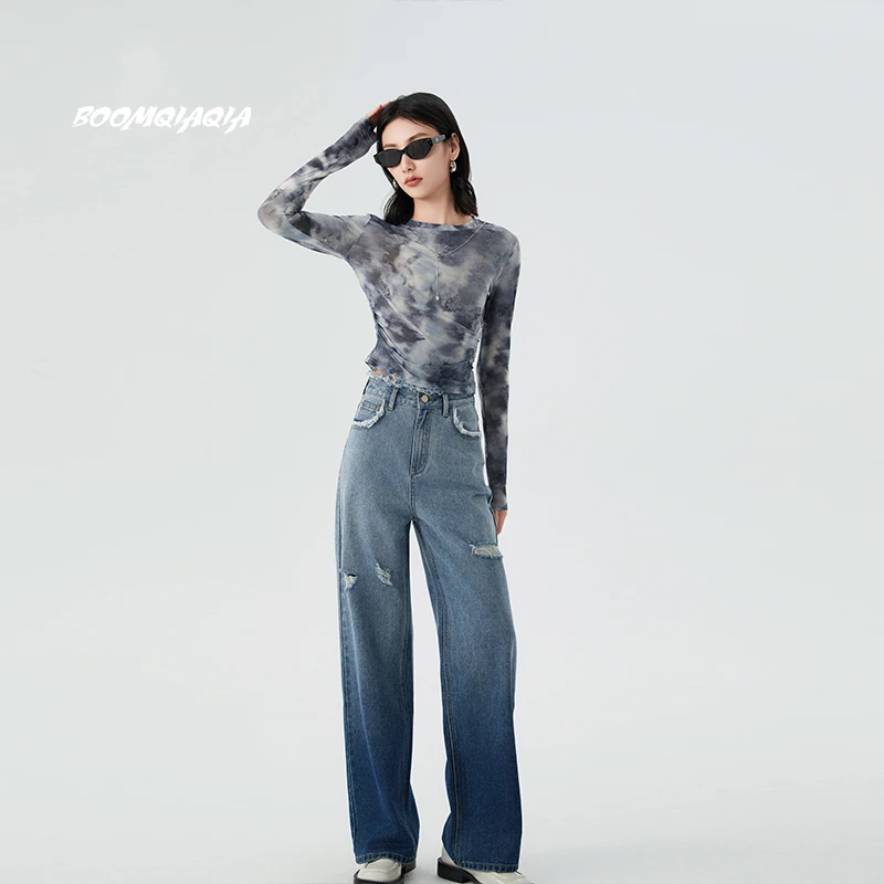 BOOMQIAQIA高腰显瘦百搭渐变破洞牛仔裤MCH3140301