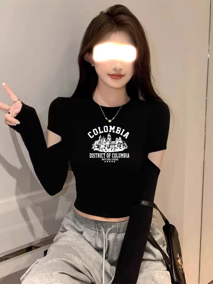 洋气修身辣妹设计感春秋割破袖圆领短款打底衫女黑色长袖t恤上衣