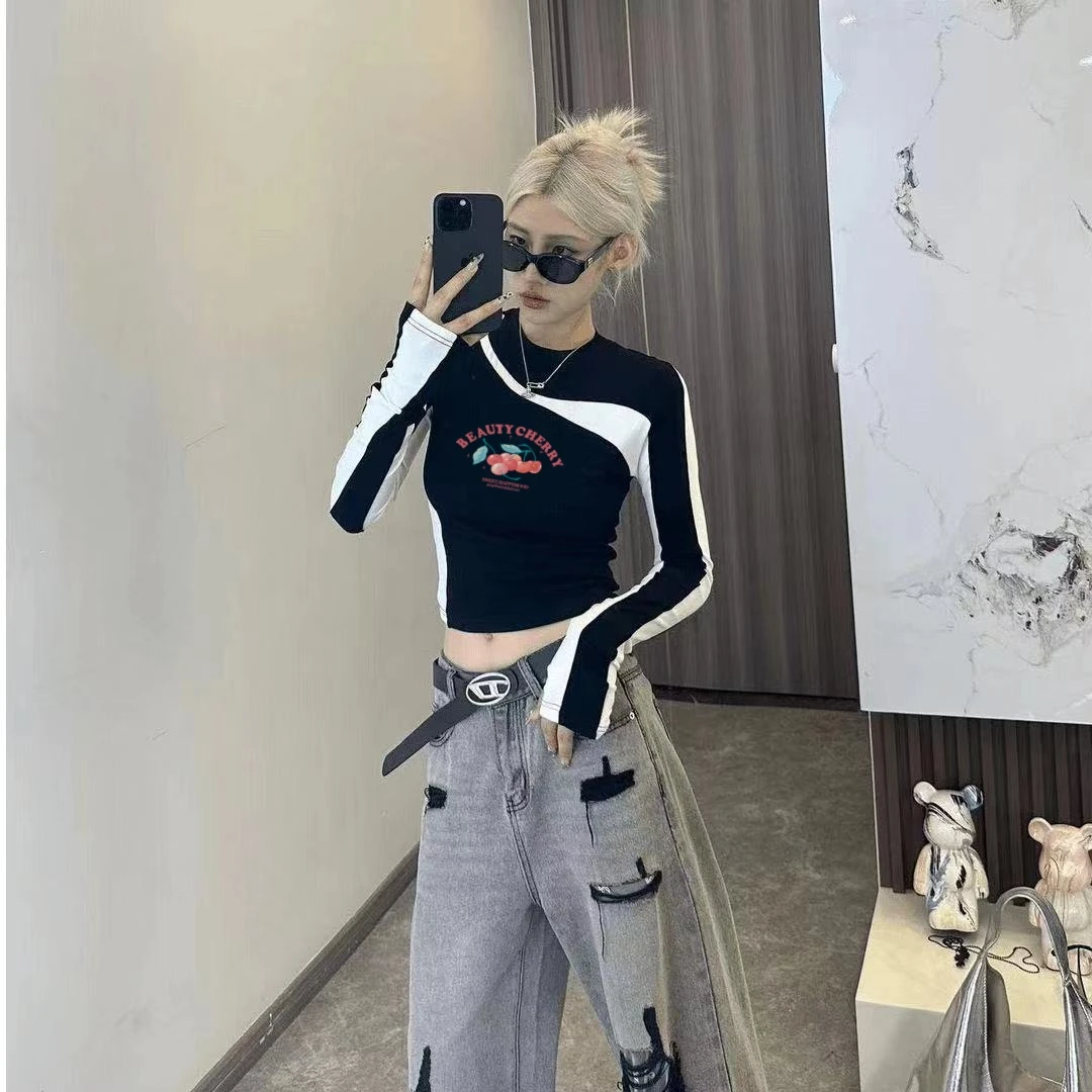 棉 春秋季短款设计感长袖上衣时尚显瘦设计感机车风修身小众T恤