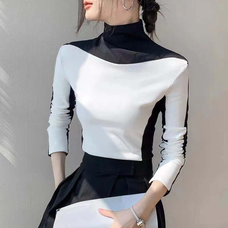 德绒 半高领撞色拼接长袖T恤女2024秋冬新款修身显瘦设计感打底衫