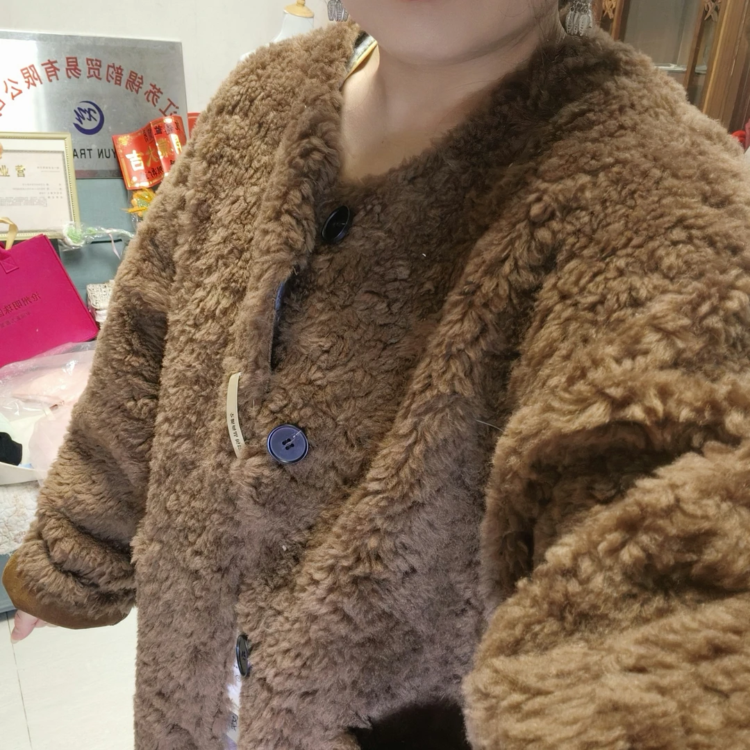 秋冬新款女士100%绵羊毛外套宽松显瘦百搭减龄两面穿休闲上衣咖色
