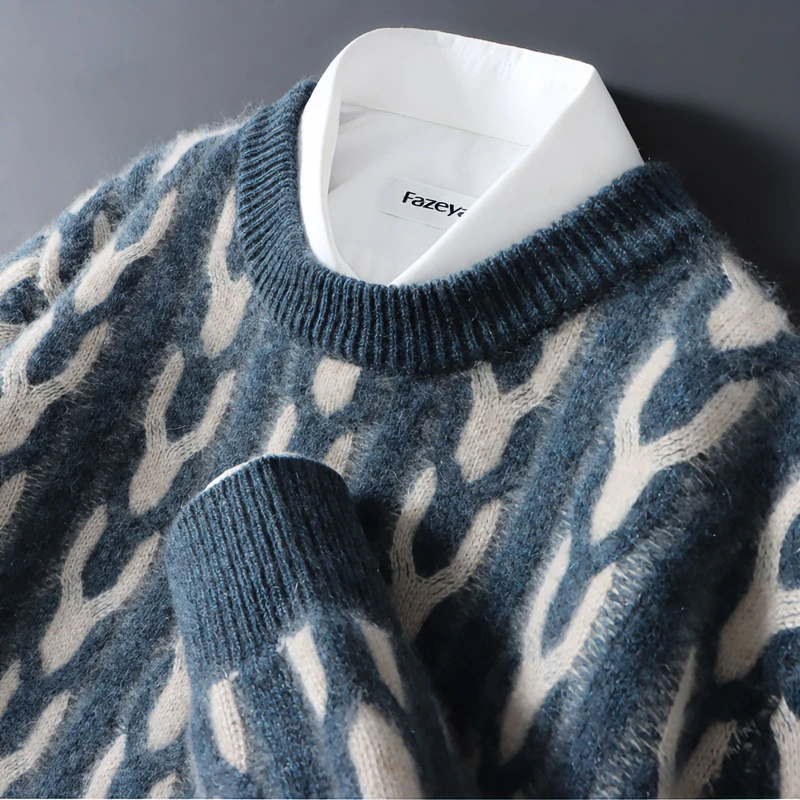 秋冬新款纯羊毛衫宽松圆领加厚拼色套头提花毛衣休闲商务针织打底