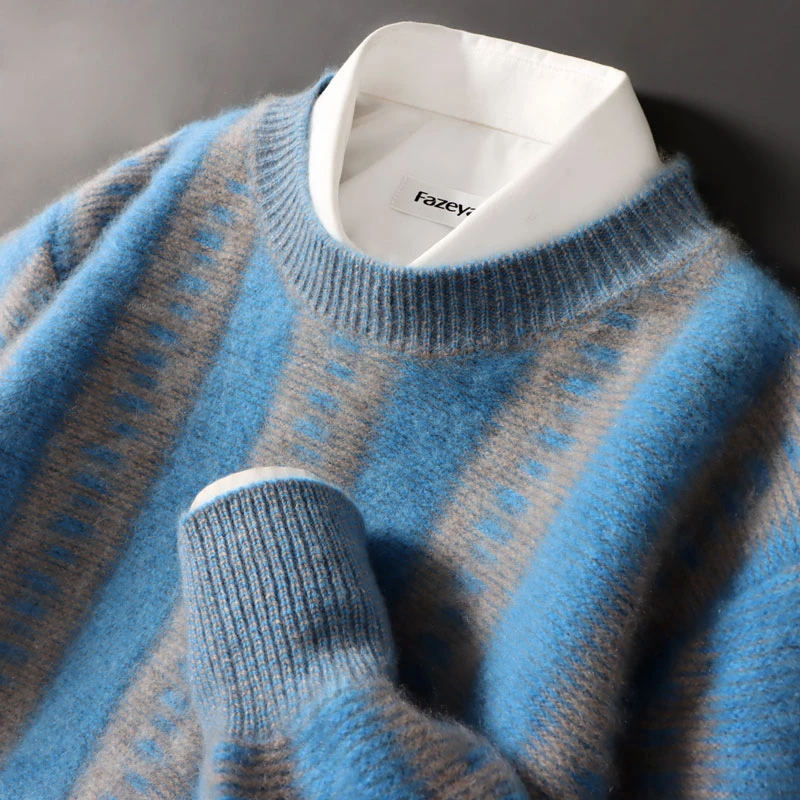 男士秋冬新款纯羊毛衫宽松圆领加厚套头拼色毛衣休闲商务针织打底