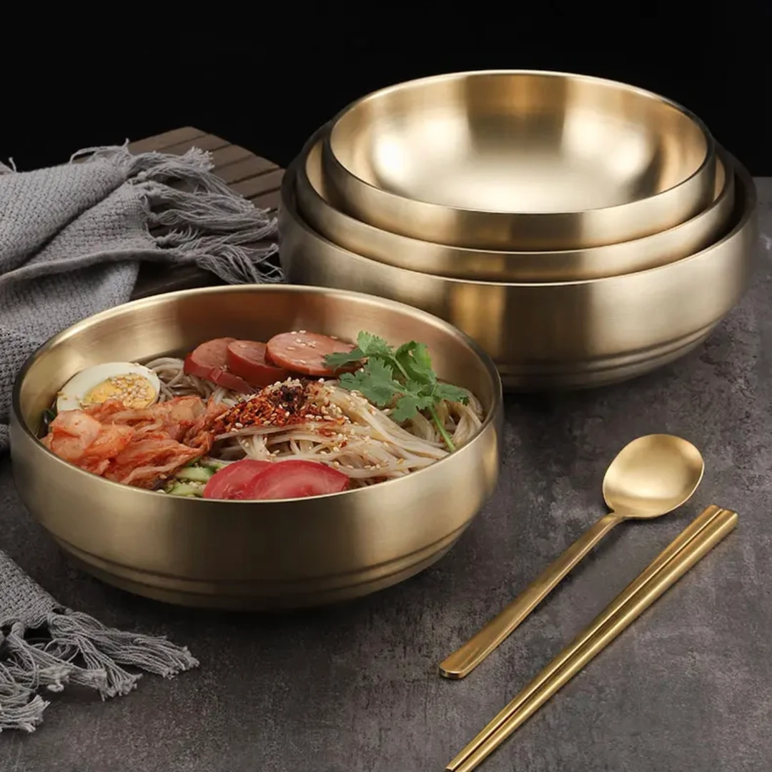 韩式冷面碗金色不锈钢泡面碗拉面碗双层韩式拌饭碗大汤碗螺丝粉碗