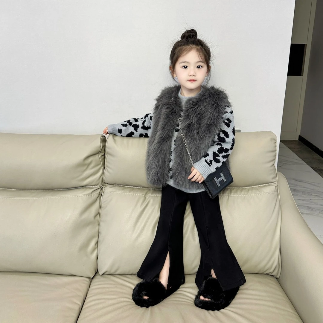 《现货》2024韩版冬季新款童装女童灰色毛毛马甲宝宝名媛风时髦背