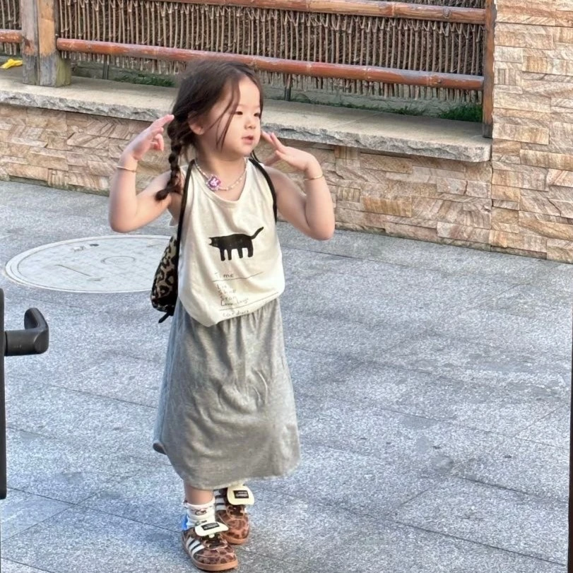 《现货》2024夏季女童套装韩版卡通猫咪背心上衣卫裙休闲时尚童装