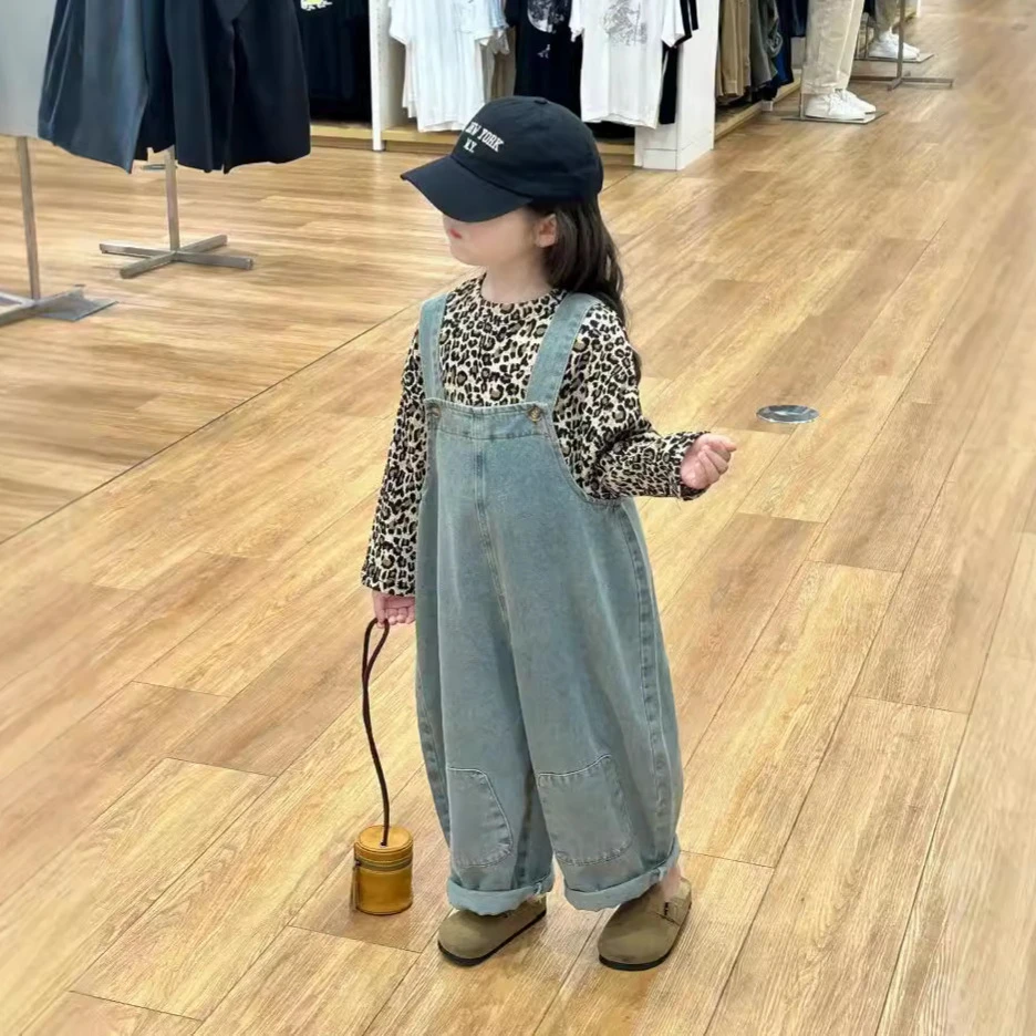 《甜小七》2024秋季新款韩版豹纹长袖上衣复古牛仔背带裤百搭套装