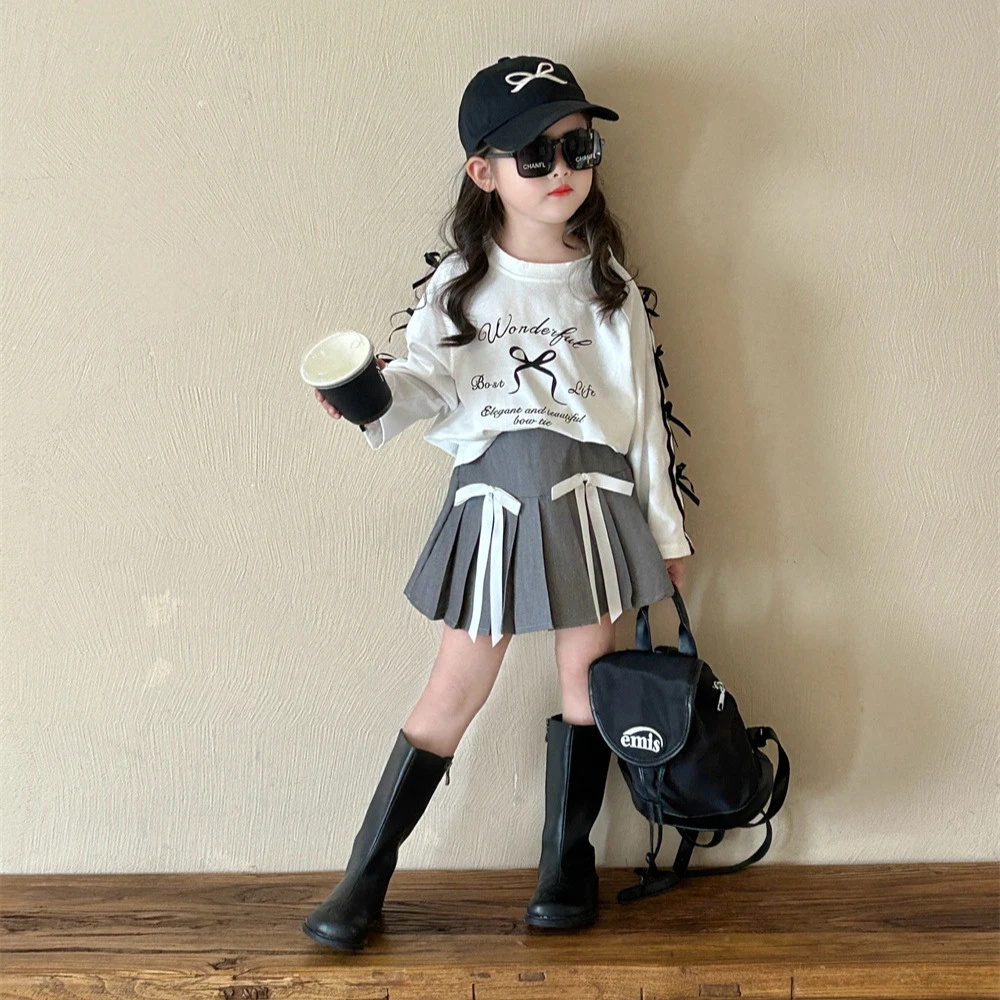 《甜小七》2024秋季韩版新款女童洋气时髦蝴蝶结长袖上衣百褶裙套装