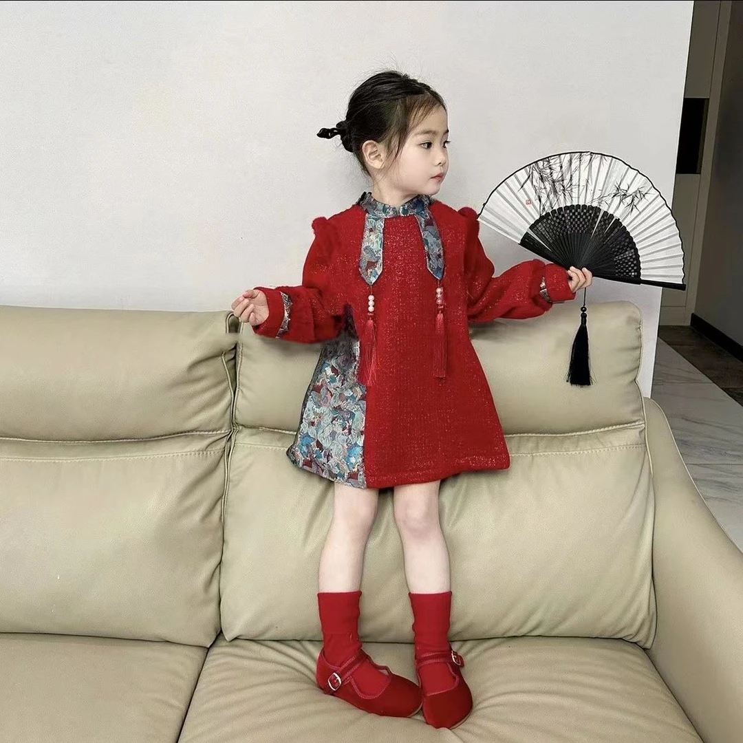 『现货』2024秋冬女童洋气国风加厚复古红色旗袍喜庆国潮气质连衣裙